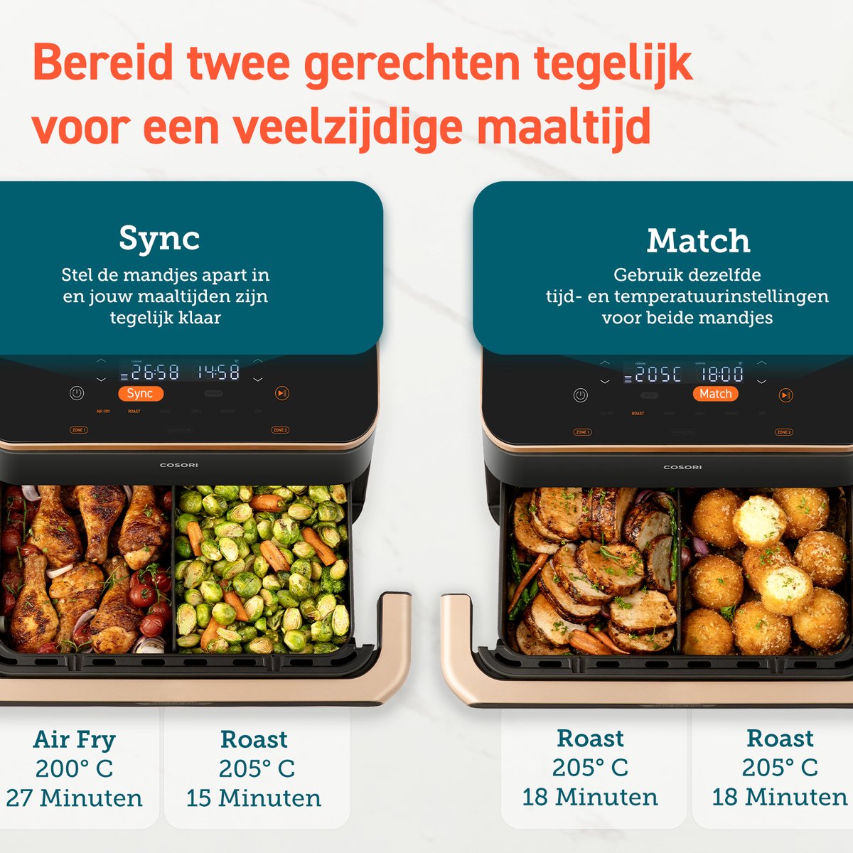 Cosori Dual Blaze Twinfry – Dubbele Airfryer XXL – 10L – Dual Zone of MegaZone – 6 Programma’s — afbeelding 7