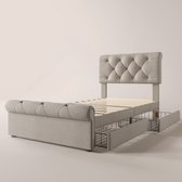 Merax Eenpersoonsbed 90x200 cm - Bed met 2 Lades - Gestoffeerd Chesterfield Bed voor 1 Persoon - Beige