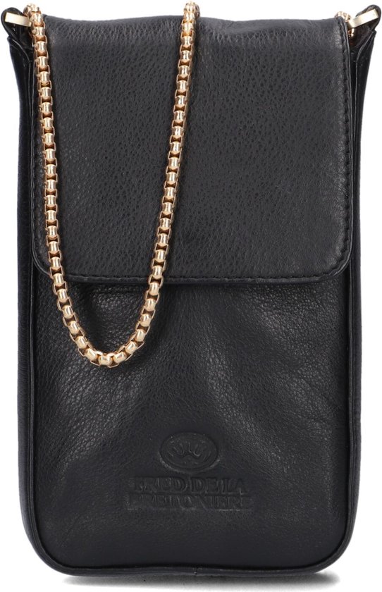 Zwarte Fred de la Bretoniere telefoontas van leer met goudkleurige schakelketting.