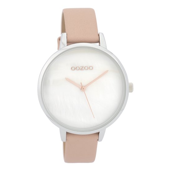 OOZOO Timepieces - Zilverkleurige horloge met zacht roze leren band - C9587