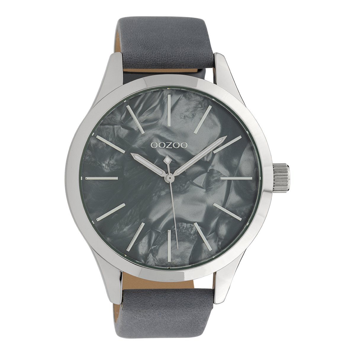 OOZOO Timepieces - Zilverkleurige horloge met blauw grijze leren band - C10074