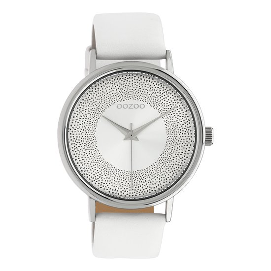 OOZOO Timepieces - Zilverkleurige horloge met witte leren band - C10575