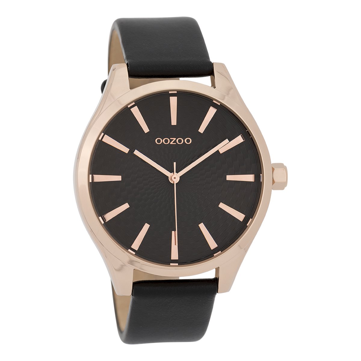 OOZOO Timepieces - Rosé goudkleurige horloge met zwarte leren band - C9689