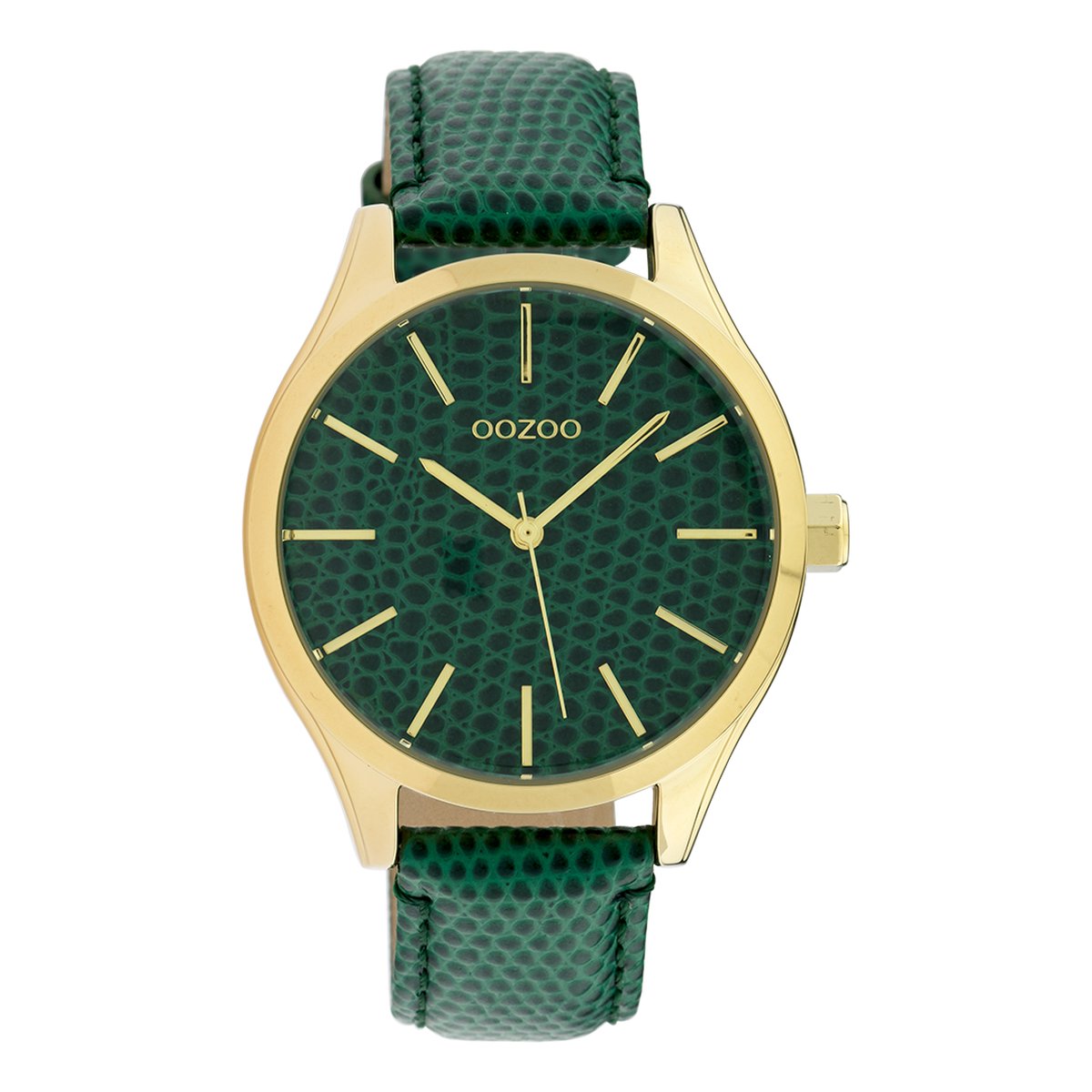 OOZOO Timepieces - Goudkleurige horloge met donker groene leren band - C10432