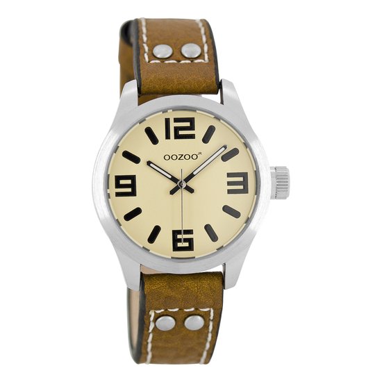 OOZOO Timepieces - Zilverkleurige horloge met cognac leren band - JR157