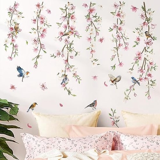 Foto: Hangende bloem wijnstok muurstickers roze bloemen bladeren vogelwereld muurtattoo meisje kamer slaapkamer woonkamer tv achtergrond wanddecoratie