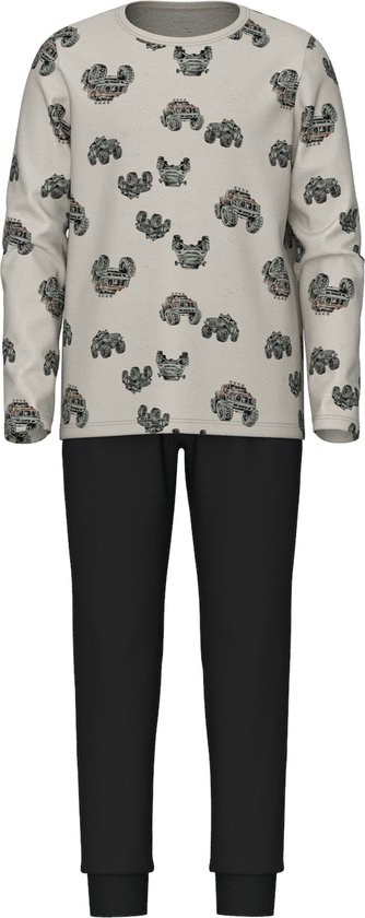 Ensemble pyjama beige clair à manches longues avec imprimé intégral de monster trucks verts. Pantalon noir.