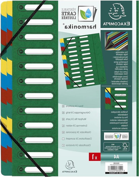Chemise de tri HARMONIKA 1 - avec élastiques et fenêtres découpées - carton brillant - dos extensible - 24 compartiments - A4 - 245 x 32cm - vert
