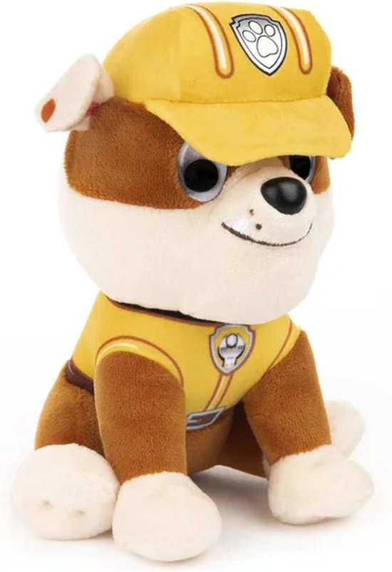 Rubble, de bouw-pup van PAW Patrol, in zijn gele constructie-uniform en helm.