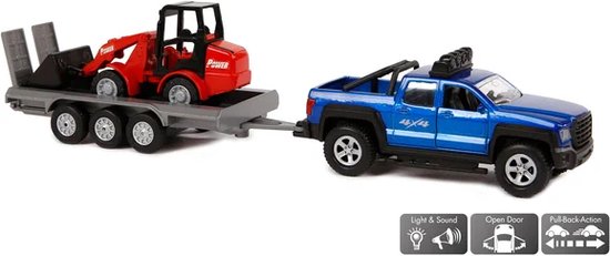 Een blauwe pick-uptruck met een grijze aanhanger met rode minishovel, met iconen voor licht, geluid en openslaande deuren.