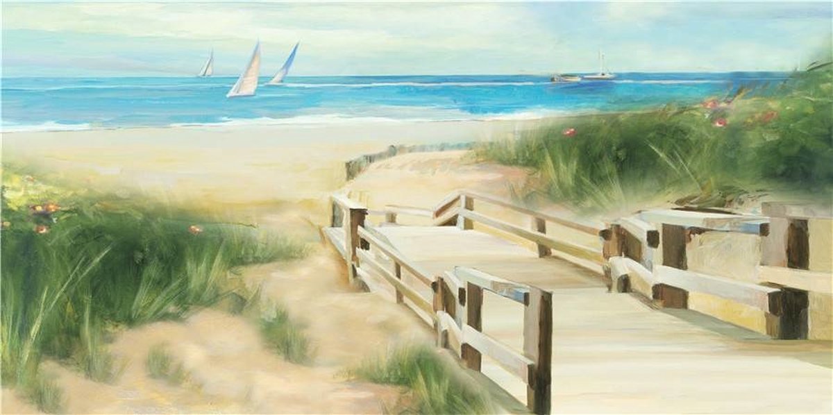 karo-art Schilderij - Handgeschilderd - Strand pad 150x60cm Multikleur
