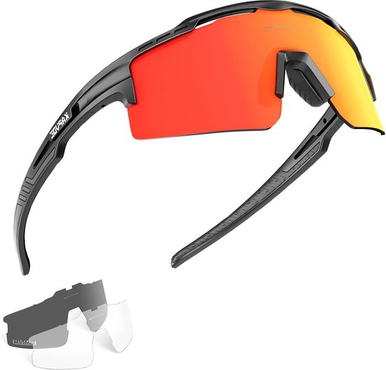 Surf Monkey Gepolariseerde zonnebril met 3 verwisselbare glazen, fietsbril, mountainbike, fietsen, hardlopen, UV 400, winddicht, voor dames en heren, Blauw