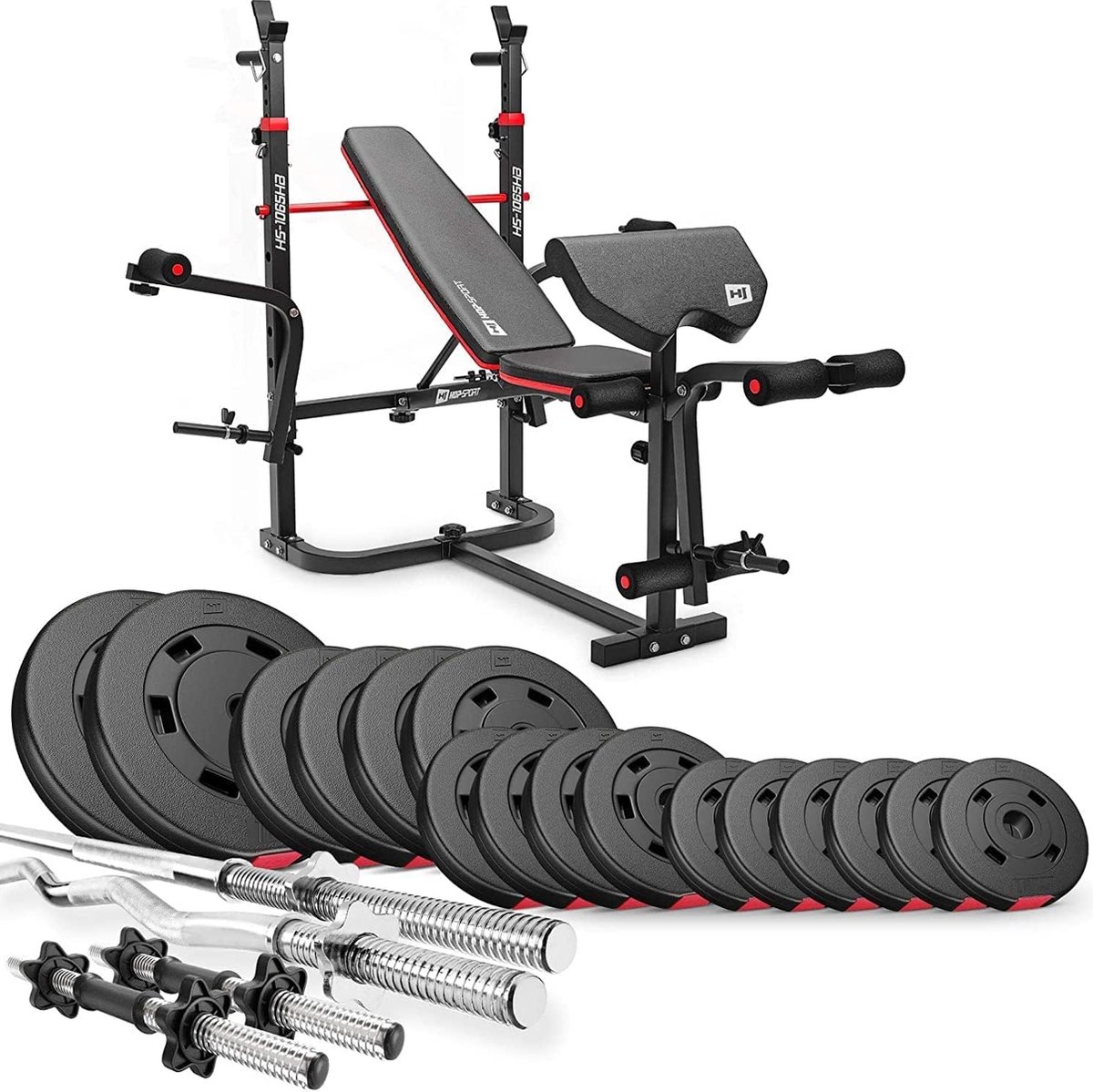 Bol.com Hop-Sport HS-1065 – Krachtstation – Verstelbare halterbank – Lange halter en curlstang – 75 kg gewichten set aanbieding