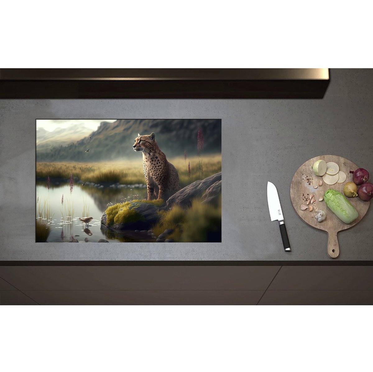 Inductieplaat Beschermer - Cheetah op Rots langs Rivier door Natuurgebied - 75x50 cm - 2 mm Dik - Inductie Beschermer - Bescherming Inductiekookplaat - Kookplaat Beschermer van Wit Vinyl