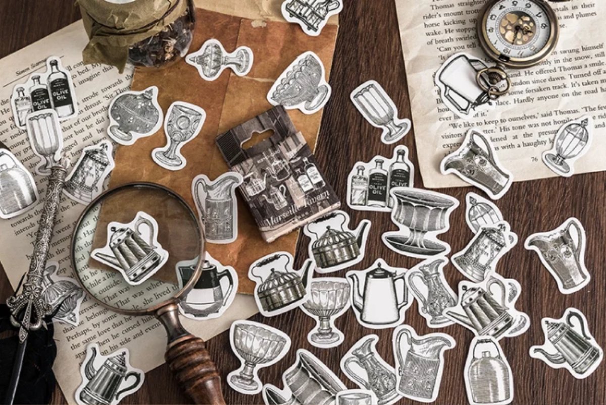 Bullet Journal Stickers 46 stickers – Vintage Marseille Tavern – Servies, Flessen & Kannen – Planner, Agenda & Scrapbook Stickers – Sinterklaas, Kerst & Schoencadeau – Cadeaus onder 5 euro