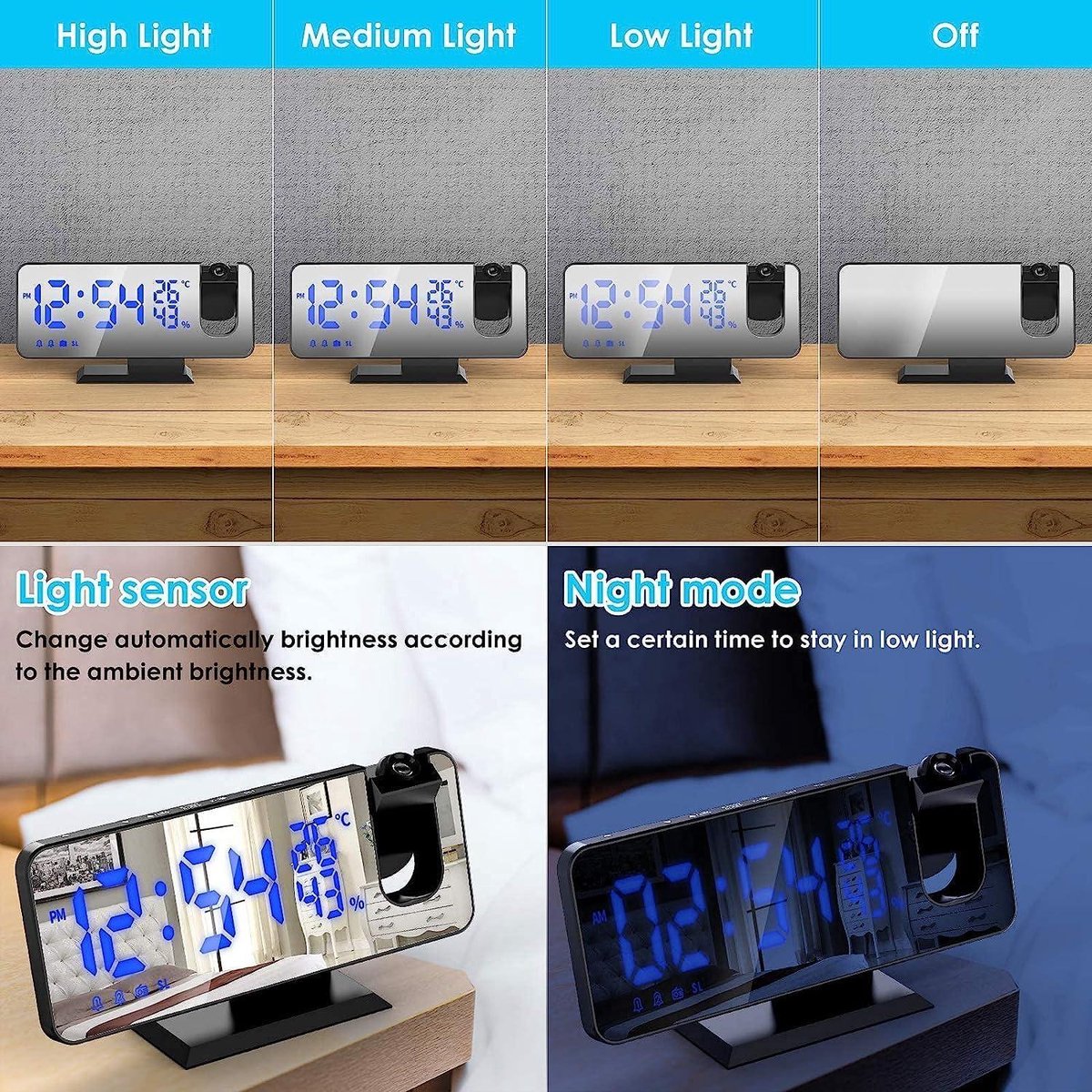VOSFEEL Projectiewekker, 20 cm (8 inch) led-spiegelklokken, radiowekker met RGB-kleuren, digitale tijd, 180 graden draaibare projectie, digitale wekker, 12/24 uur, sluimerfunctie, USB Type-C