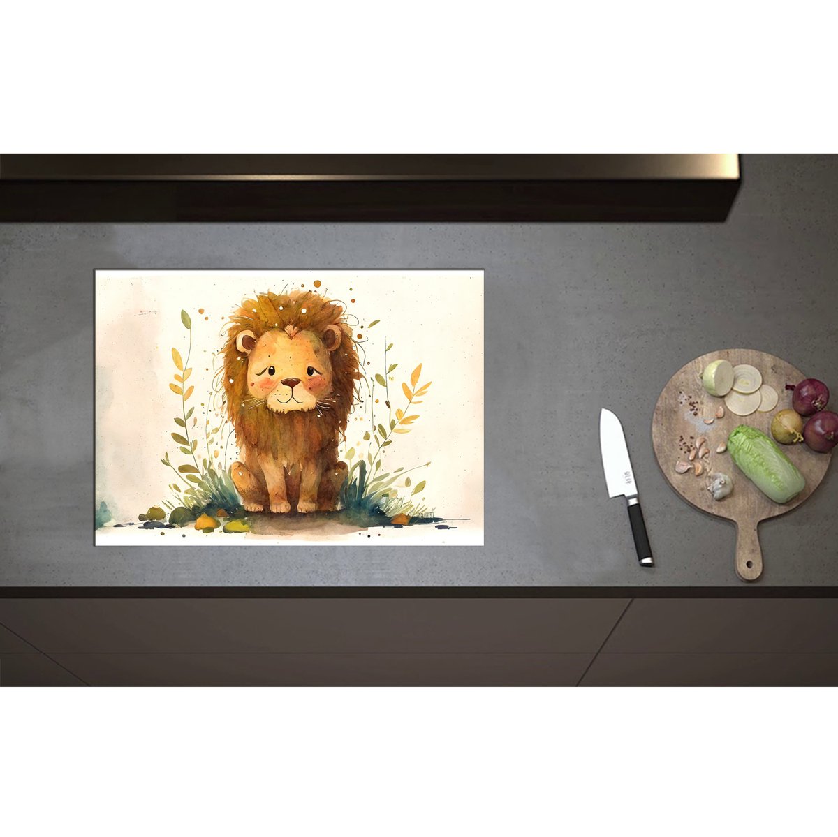 Inductieplaat Beschermer - Cartoon Tekening van Zittende Leeuw - 70x50 cm - 2 mm Dik - Inductie Beschermer - Bescherming Inductiekookplaat - Kookplaat Beschermer van Zwart Vinyl