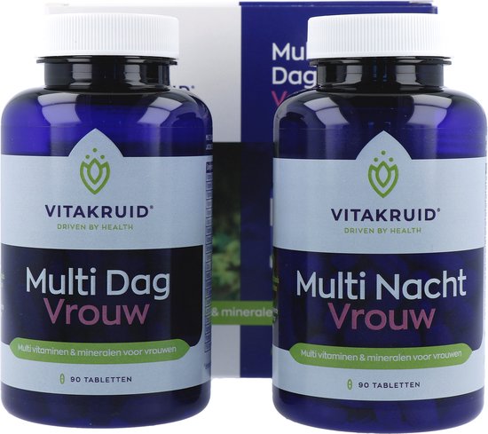Twee potjes Vitakruid supplementen, één 'Multi Dag Vrouw' en één 'Multi Nacht Vrouw'.