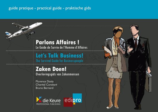 Couverture de livre avec un avion, deux femmes d'affaires et les titres 'Parlons Affaires !', 'Let's Talk Business !' et 'Zaken Doen !'
