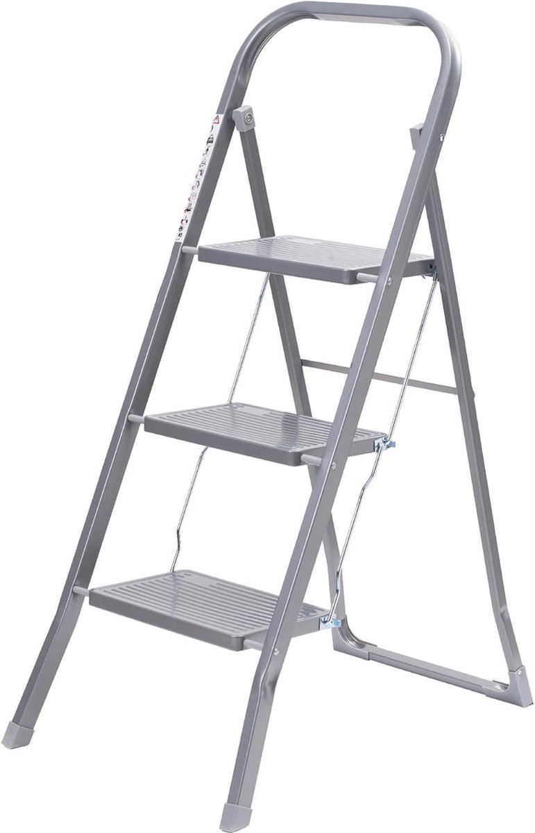 Staaltrapladder met 3 loopvlakken - antislip - voor binnengebruik - 150 kg maximaal gewicht - grijs telescopische ladder