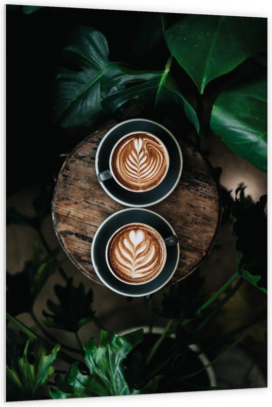 Forex - Koffie art op Tafel bij Planten - 100x150cm Foto op Forex