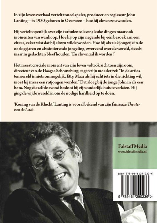 Achterkant van het boek 'En clown zou ik worden' met tekst en een foto van John Lanting.