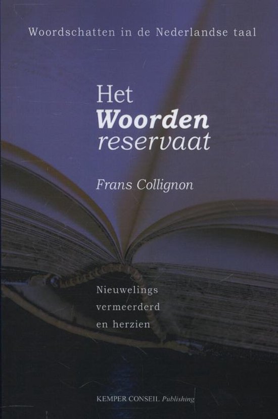 Boek kaft met titel 'Het Woorden reservaat' en een open boek.