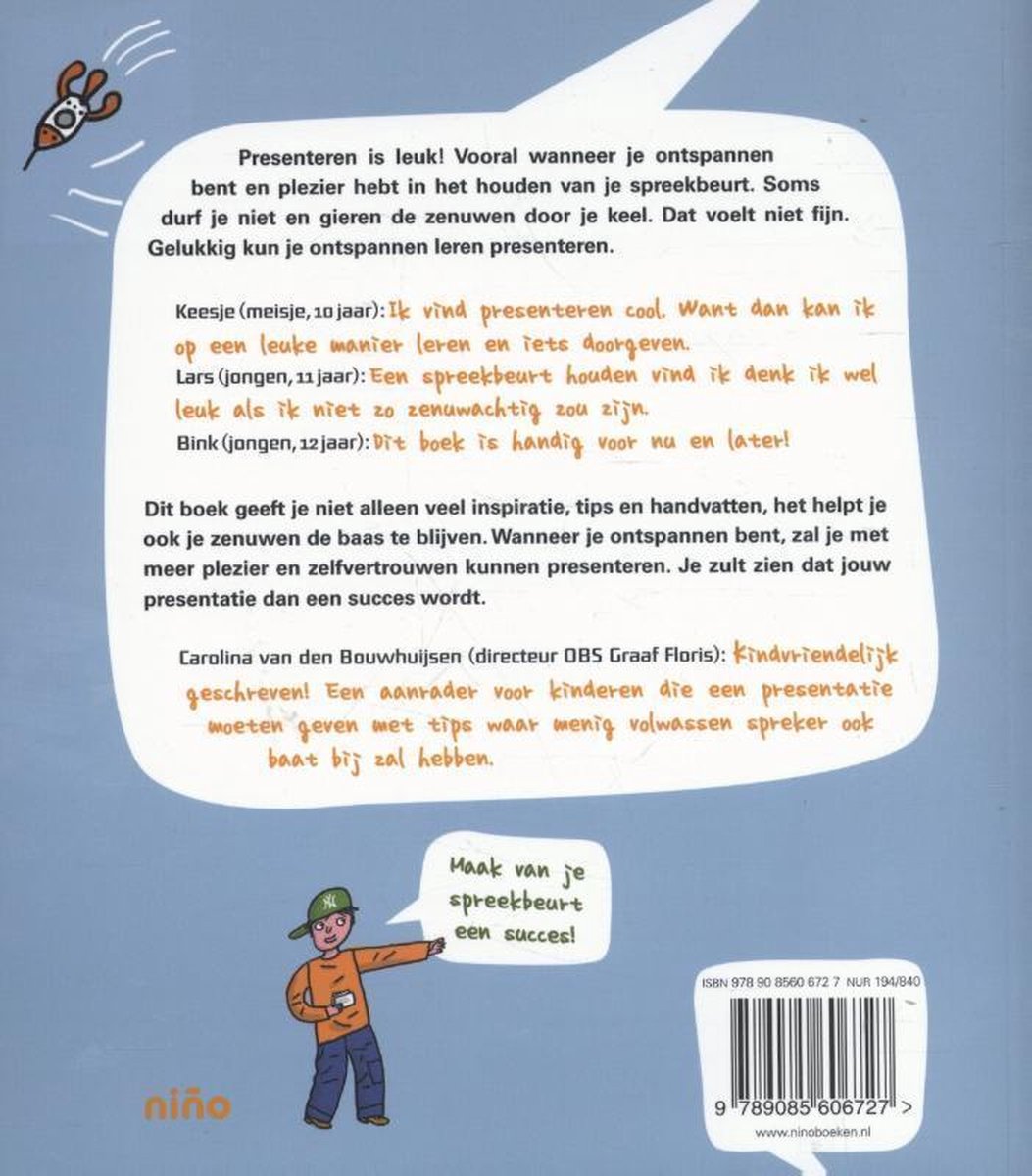 Achterkant van het boek "Presenteren is leuk!". Met teksten over presenteren voor kinderen en een illustratie van een jongen met een pet.