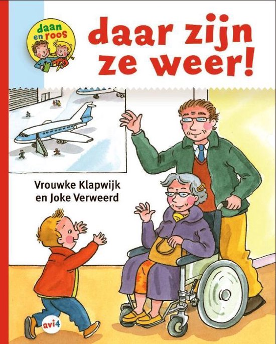 Illustratie van een jongen die zwaait naar zijn opa en oma, die net met het vliegtuig zijn aangekomen. Opa staat achter oma in een rolstoel.