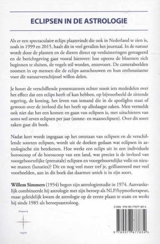 Achterkant boek 'Eclipsen in de astrologie' met ISBN en uitgever.