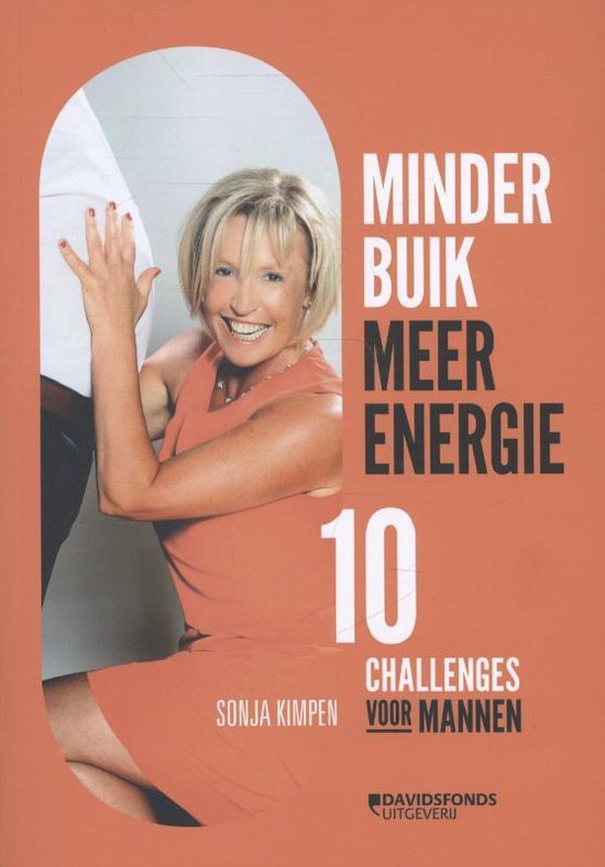 Glimlachende blonde vrouw in oranje jurk, met tekst MINDER BUik MEER ENERGIE.