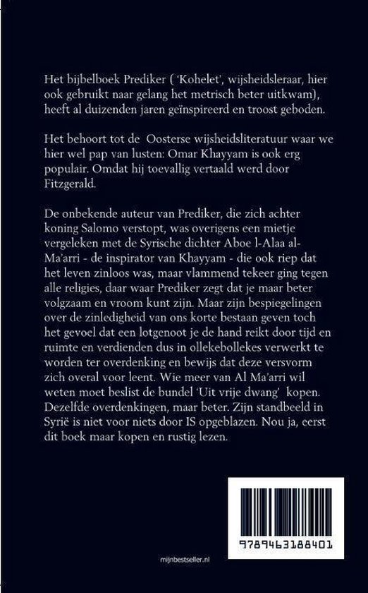 Achterkant van het boek 'Prediker'. Inclusief tekst en barcode.