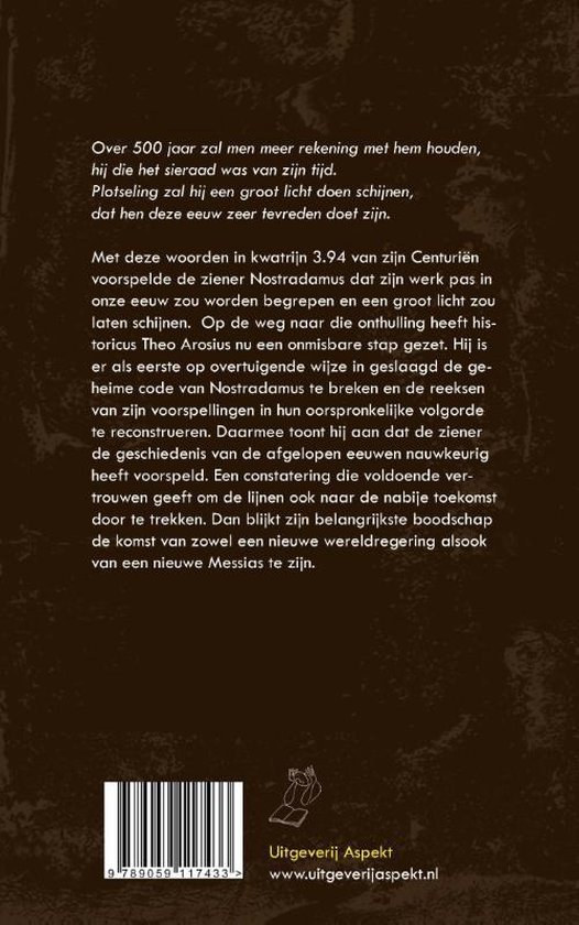 Achterkant boek "Het geheim van Nostradamus". Illustratie van een cirkel met tekst.