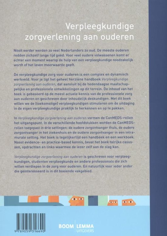 Achterkant van het boek 'Verpleegkundige zorgverlening aan ouderen' met tekst en een illustratie van oranje gezichten.