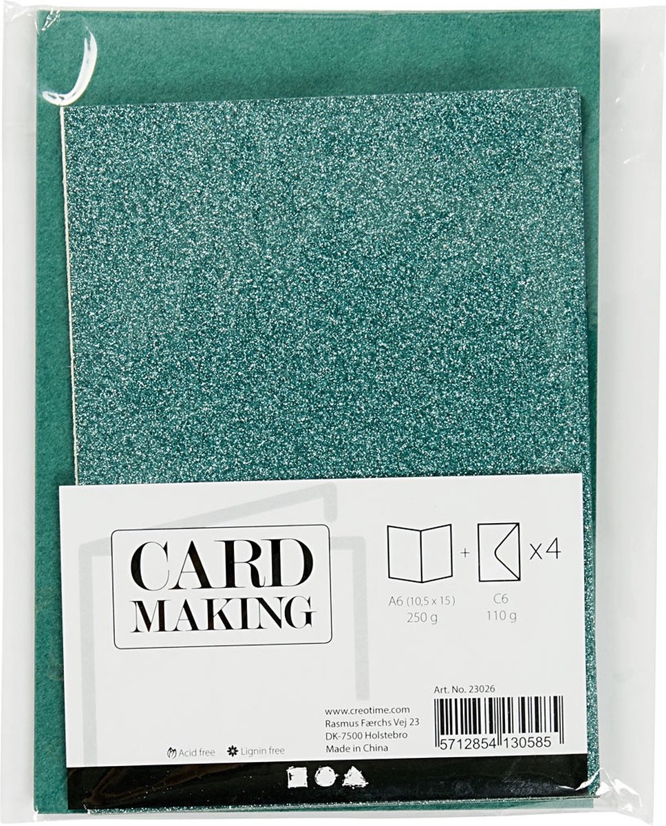 Kaarten en enveloppen, afmeting kaart 10,5x15 cm, afmeting envelop 11,5x16,5 cm, glitter, 110+250 gr, groen, 4 set/ 1 doos