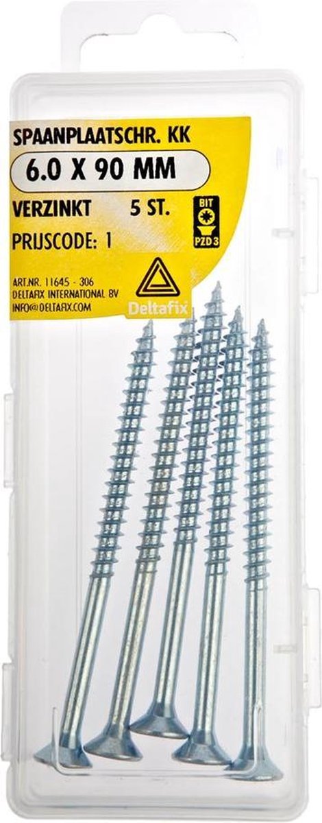 Spaanplaatschroeven. Platkop. Kruiskop-Pozidrive-PZ3. Verzinkt 6.0x90mm. lang. Deltafix.