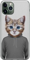 iPhone 11 Pro Max hoesje siliconen - Kat schattig - Soft Case Telefoonhoesje - Kat - Transparant, Grijs