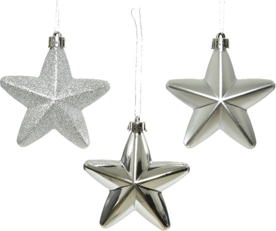 5 stuks Ster plastic glans-mat-glitter/7.5cm/zilver