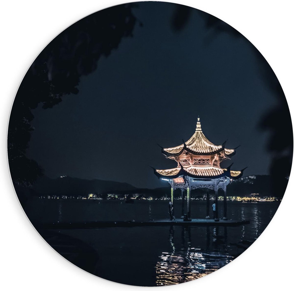 KuijsFotoprint Schilderij - Lichtgevend Kapelletje Het Water - Zwart, Blauw En Goud - 90 X 90 Cm