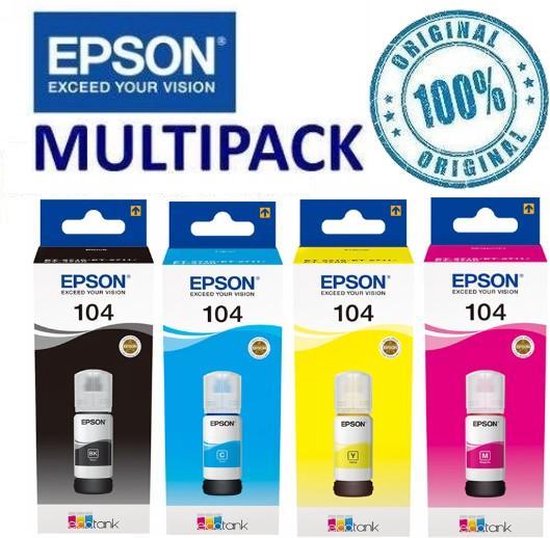 4 bouteilles de 65 ml d'encre Epson 104 original, multipack pour EcoTank