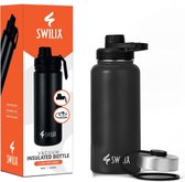 SWILIX ® RVS Drinkfles - Waterfles 530ml - Lekvrij - Dubbelwandig - Insulated Thermosfles voor Sport, Fitness, Outdoor - 2 Deksels