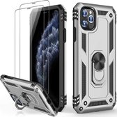 iPhone 12 Pro hoesje Schokbestendige ring armor met 2X Glas Screenprotector zilver