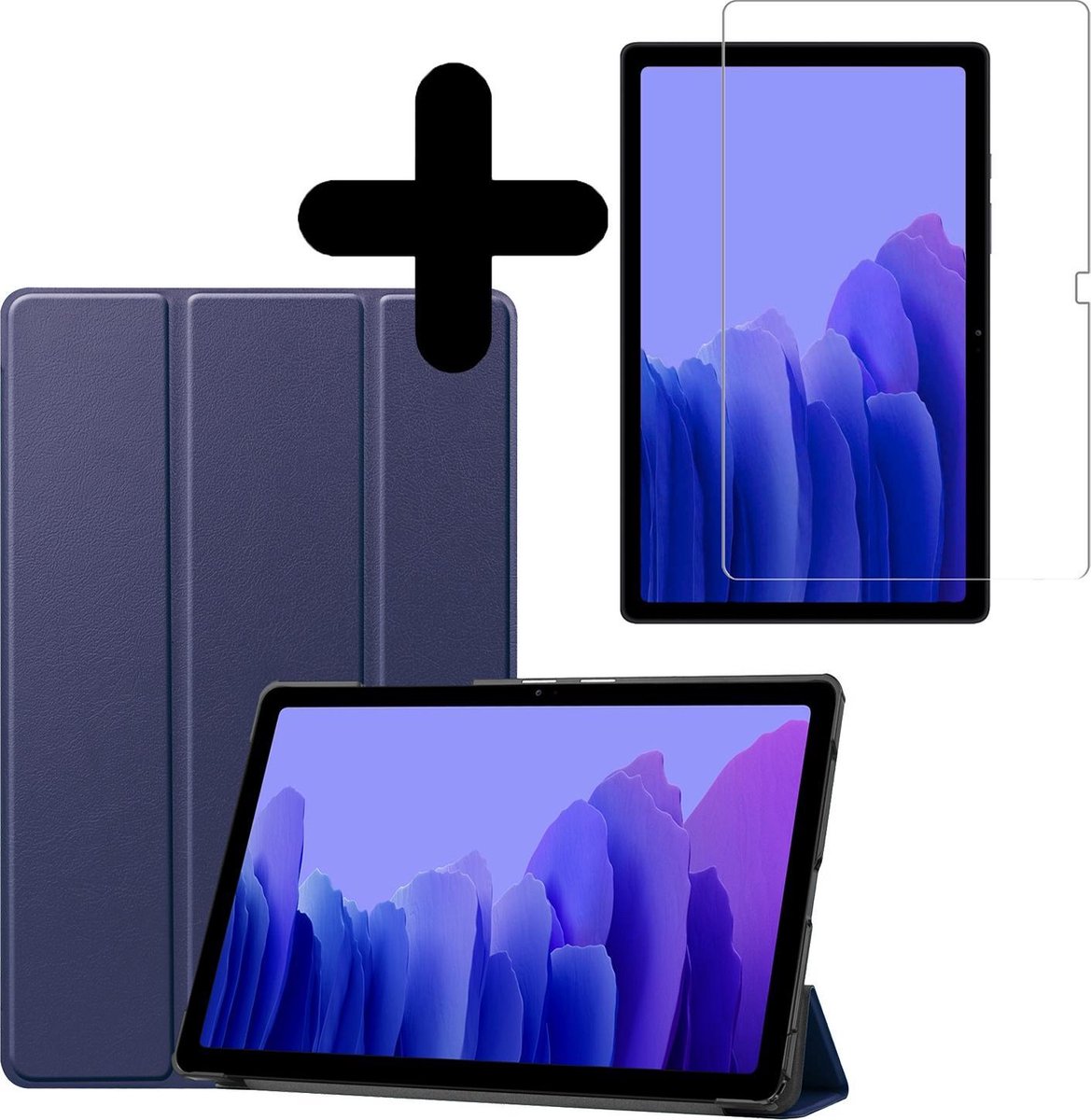 Hoesje - Geschikt voor Samsung Galaxy Tab A7 (2020) - Met Screenprotector - Hardcover Book Case - Trifold Bookcase Hoes - Hard Cover - Tablethoes - Donkerblauw
