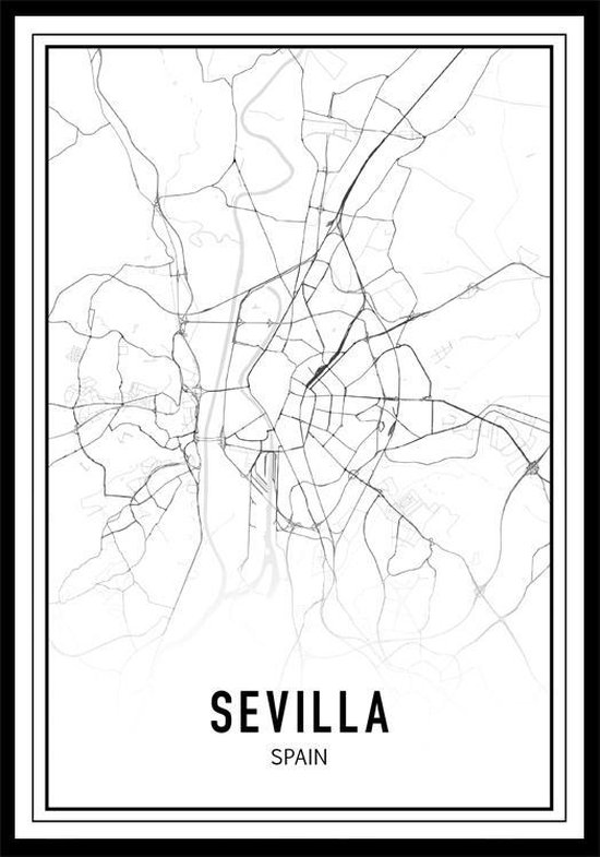 Punt. Poster - City Map Sevilla - 70 X 50 Cm - Zwart En Wit