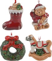 Keramiek kerstboom hangers setje van 4x stuks verschillende ornamenten/figuren 8 cm