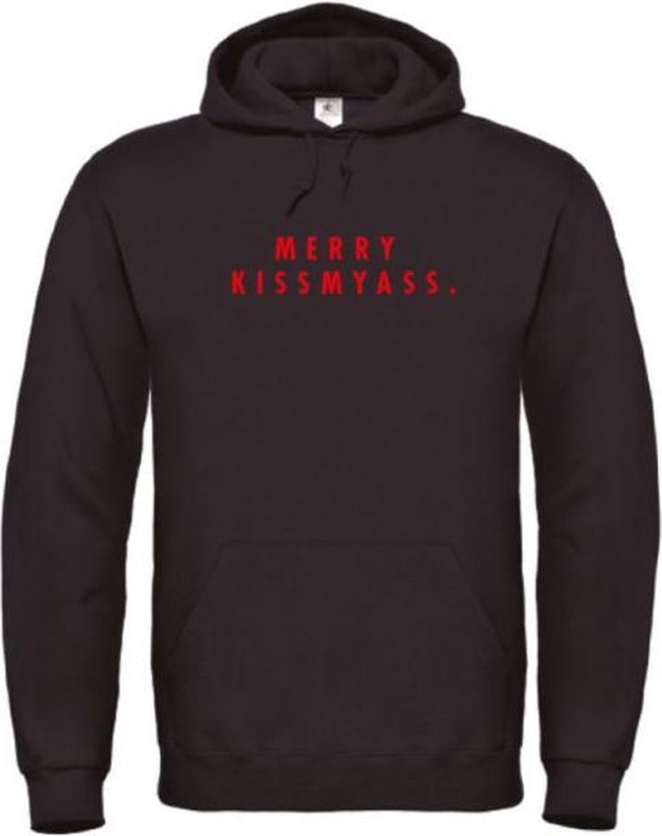 Foute kersttrui hoodie zwart XL - Merry Kissmyass - Rood glitter - soBAD. | Kersttrui soBAD. | kerstsweaters volwassenen | kerst hoodie volwassenen | Kerst outfit | Foute kerst truien