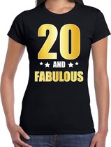 20 and fabulous verjaardag cadeau t-shirt / shirt - zwart - gouden en witte letters - voor dames - 20 jaar verjaardag kado shirt / outfit XS