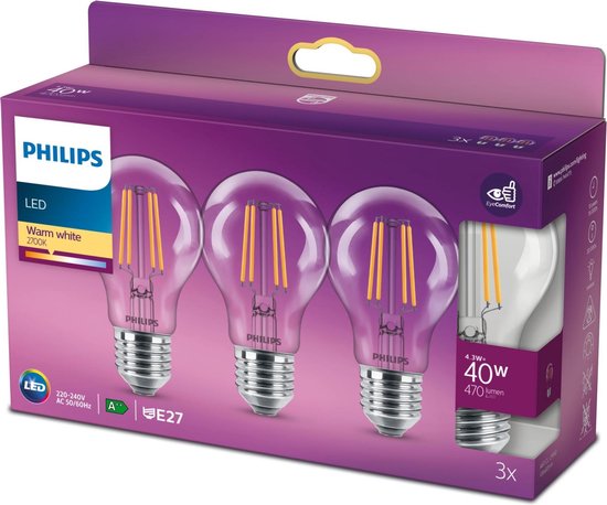Philips LED Lamp E27 Transparant Warm Wit Licht 3 stuks