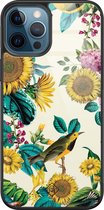 iPhone 12 Pro hoesje glass - Zonnebloemen / Bloemen | Apple iPhone 12 Pro  case | Hardcase backcover zwart