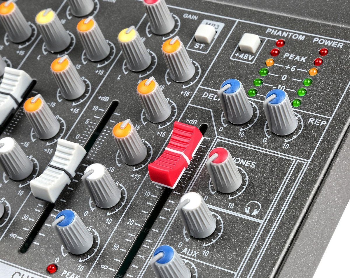 Audio mixer, professioneel, 7 kanaals audio mengpaneel met 6 muziekmodi, bluetooth, mini audio DJ mixer, soundboard consolesysteem, DJ Live Mixer Studio
